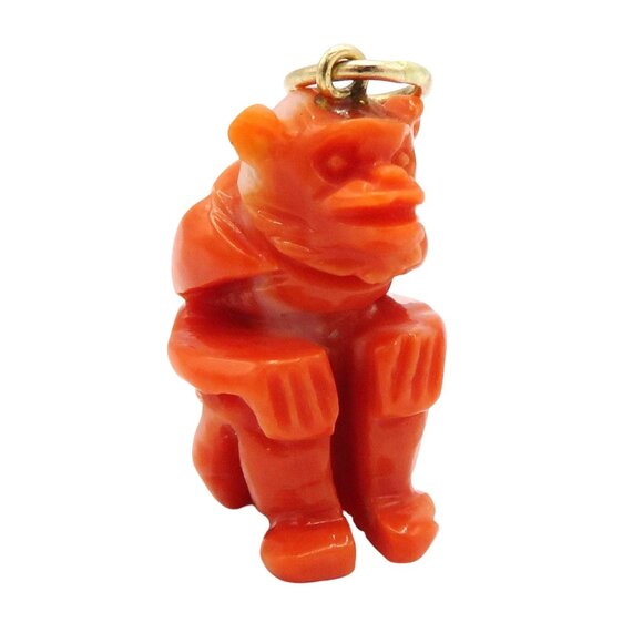 Vintage 14K Gold Carved Coral Grotesque Demon Amulet Charm Pendant 1930s - Picture 1 of 10